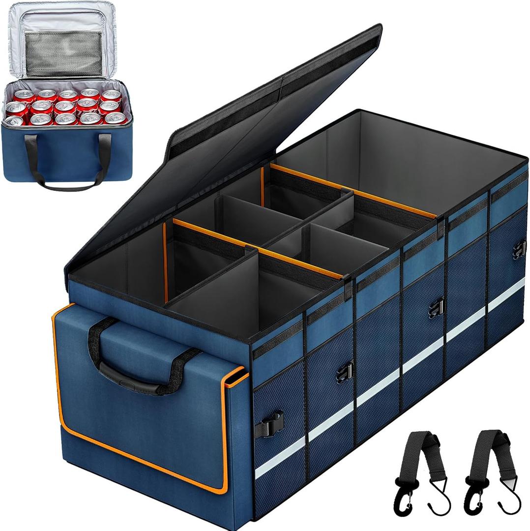 Car Trunk Organizer and Storage with Removable Leakproof Cooler Bag, 6 Removable Dividers for Custom Space, Collapsible Trunk Storage with Non Slip Bottom, Foldable Cover for SUV, Jeep, MPVs (Blue)