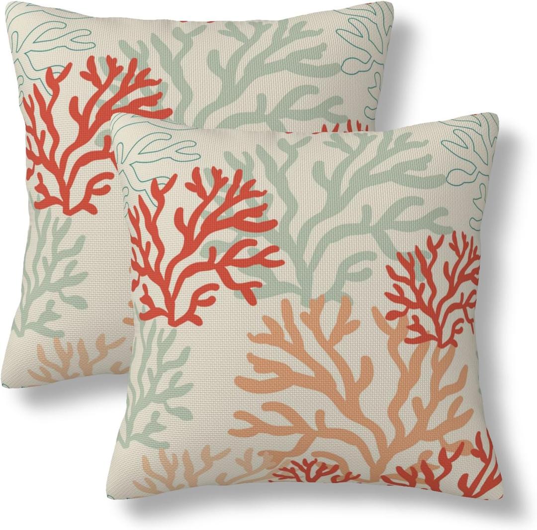 Red Orange and Mint Corals Throw Pillow Covers 20x20 Set of 2 Tropical Nautical Decorative Pillow Covers Coastal Outdoors Pillowcase Cushion Case Home Decor for Sofa Couch Bed Bedroom