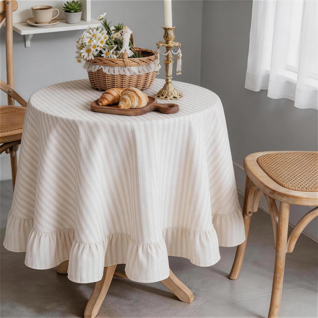 Simihiran Beige White Striped Ruffle Tablecloth 70" Round Farmhouse Flounces Trim Table Cover for Seat 4-6 for Picnic Dining Kitchen Party Wedding Decor