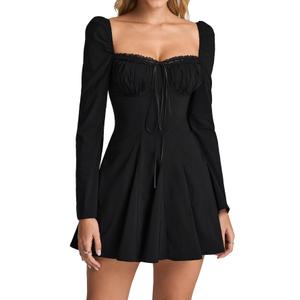 EYNMIN Long Sleeve Mini Dress Lace Sweetheart Neckline Flowy A Line Short Going Out Dresses for Women Black (Black, M)