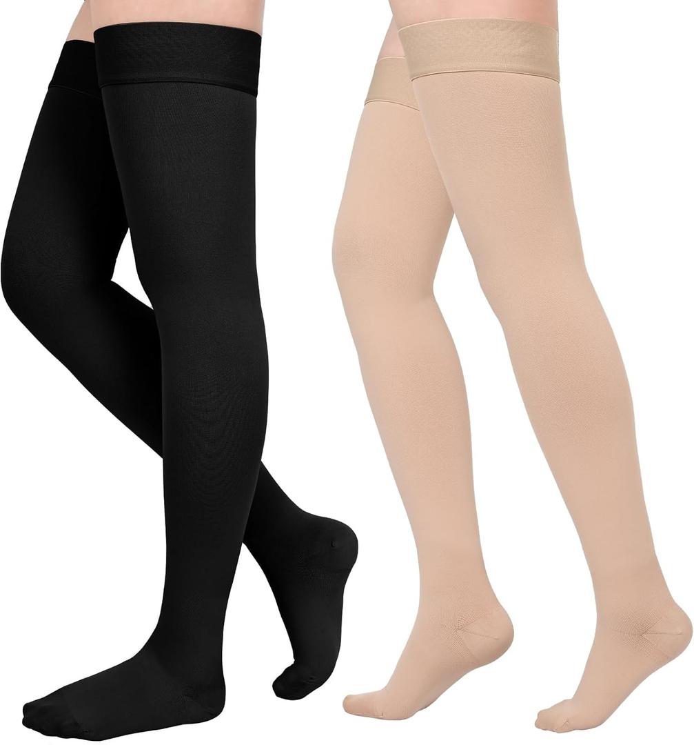 Compression Stockings for Women & Men, 2 Pairs 15-20mmHg Thigh High Compression Socks for Varicose Veins, Swelling, Pregnant (Medium, Closed Toe/Black*Beige/2 Pair)