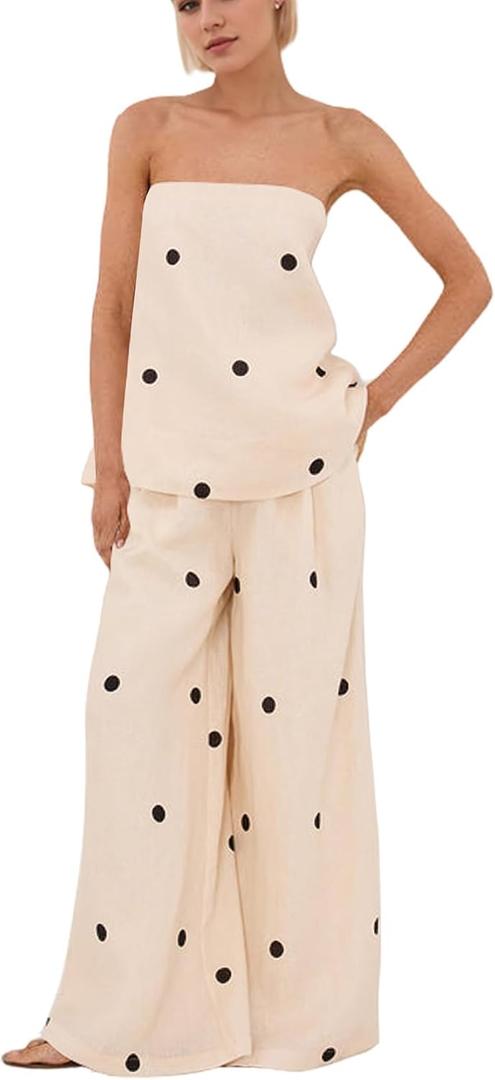 Women 2 Piece Outfits Polka Dot Summer Pants Set Strapless Tube Top High Elastic Waist Wide Leg Pants Lounge Sets (Beige, S)