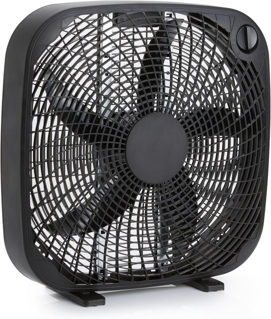 Amazon Basics 20-Inch Box Fan with Powerful Airflow, 3 Speeds, 5 Blades, Lightweight Design, 67 Watts, Black, 6.8 D x 20.86 W x 21.33 H in