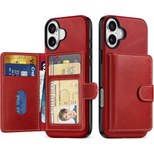 SHIELDON Wallet Case for iPhone 16 Plus 6.7" 2024, Genuine Leather Non-Detachable Magnetic RFID Blocking Card Holder, Slim Shockproof Protective Case Compatible with iPhone 16 Plus - Retro Red