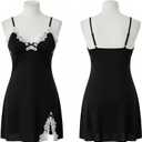 Womens Lace Babydoll V-Neck Lingerie Nightgown with Adjustable Straps, Lace Trim & Soft Modal Fabric (Black)