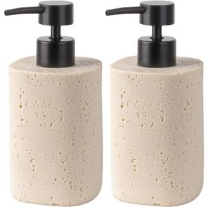 2 Pack Beige Resin Soap Dispensers, Refillable Liquid Lotion Dispenser Bottles with Travertine-Look for Bathroom and Kitchen Countertop, Modern Stone Texture (10.8 Oz)