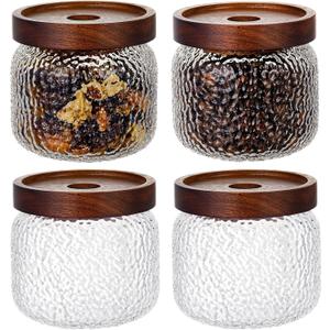 LemonRoad 4 Pack 10 oz Vintage Glass Jars with Lid Decorative Airtight Glass Food Containers Anti Slip Storage Canister for Kitchen Counter Pantry Coffee Nuts Sugar Candy Tea Cookie Spices Oats Cereal
