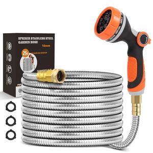 SPRIKIR Metal Garden Hose 25ft Copper Bullet, Heavy Duty Stainless Steel Water Hose with 10 Function Sprayer Nozzle, Leaf-Proof Kink Free Lightweight for Outdoor, Yard, Lawn, Patio, Car