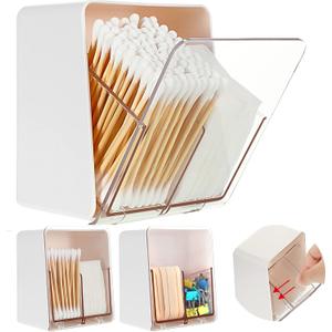 Sieral 2 Pcs Cotton Ball Holder Canisters for Cotton Swab/Pad/Ball Floss Dispenser Container Box with 2 Compartments Bathroom Storage Organizer with Clear Lid for Round Pads Makeup, White