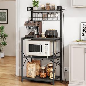 SNTD Bakers Rack with Power Outlet, Kitchen Shelves Microwave Stand with Wire Grid and 10 Hooks, 4 Tiers Coffee Stand (Grey, 23.5 x 15.6 x 52.8 Inches)