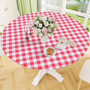 Smiry Round Picnic Tablecloth, Elastic Waterproof Fitted Vinyl Tablecloths for 45"-56" Tables, Flannel Backed Buffalo Plaid Table Cover for Dining, Camping, Outdoor, White and Red