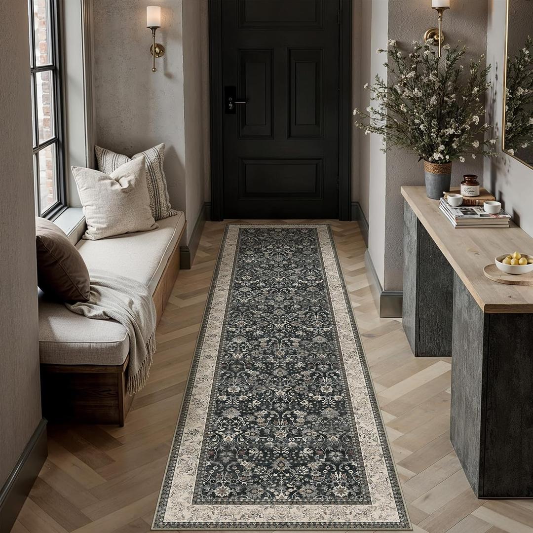 HUGEAR 2x6 Runner Rug Machine Washable Black Beige Hallway Area Rugs Indoor Accent Rugs Floral Low Pile Carpet Distressed Throw Rugs Bedroom Living Room Office Dining Kitchen Laundry Non Slip