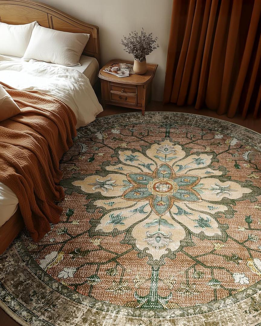 Area Rugs 6ft Washable Non-Slip, Floral Vintage Distress Print Pattern Medallion Carpet for Living Room Bedroom Dining Room, Brick Red Rust Neutral Brown Burnt Orange