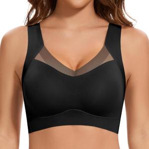 DOCUMO Seamless Bras for Women No Underwire Comfortable Push Up Wireless Bra Mesh Padded Back Smoothing Bra (Medium, Black)