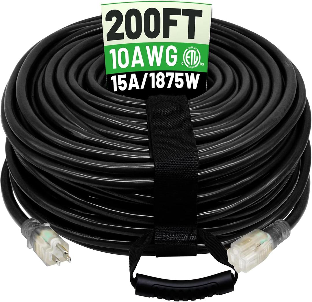 POWGRN 200 Ft 10AWG Black Outdoor Extension Cord Waterproof Heavy Duty 10 Gauge, 3 Prong Flexible Cold-Resistant Long Power Cord Outside with Lighted Indicator End, 15Amp 1875W SJTW ETL Listed