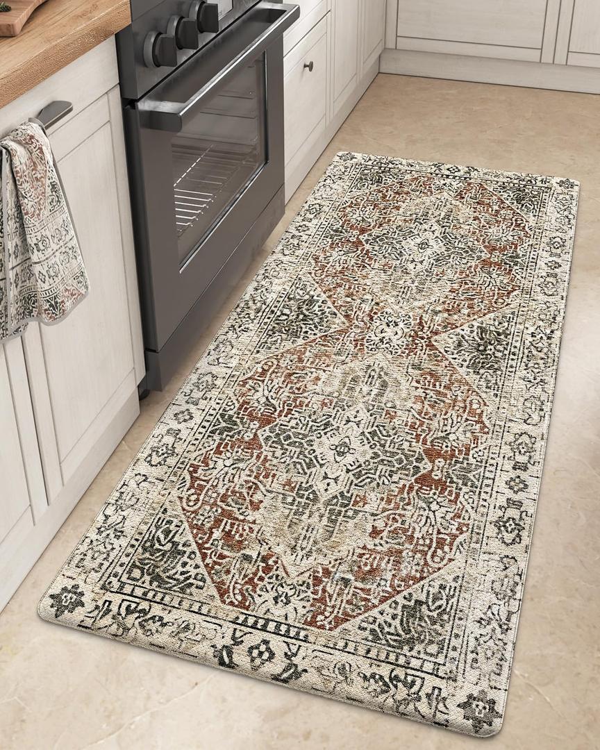 DEXI Kitchen Floor Mats Anti Fatigue, Cushioned Waterproof Runner Rug Boho Floral, 23x59 Extra Wide Standing Padded Non Slip for Farmhouse, Cream and Red