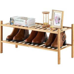 2-Tier Bamboo Shoe Rack for Entryway, Stackable | Heavy Duty | Multi-Function, Free Standing Shoe Racks for Bedroom Hallway Closet