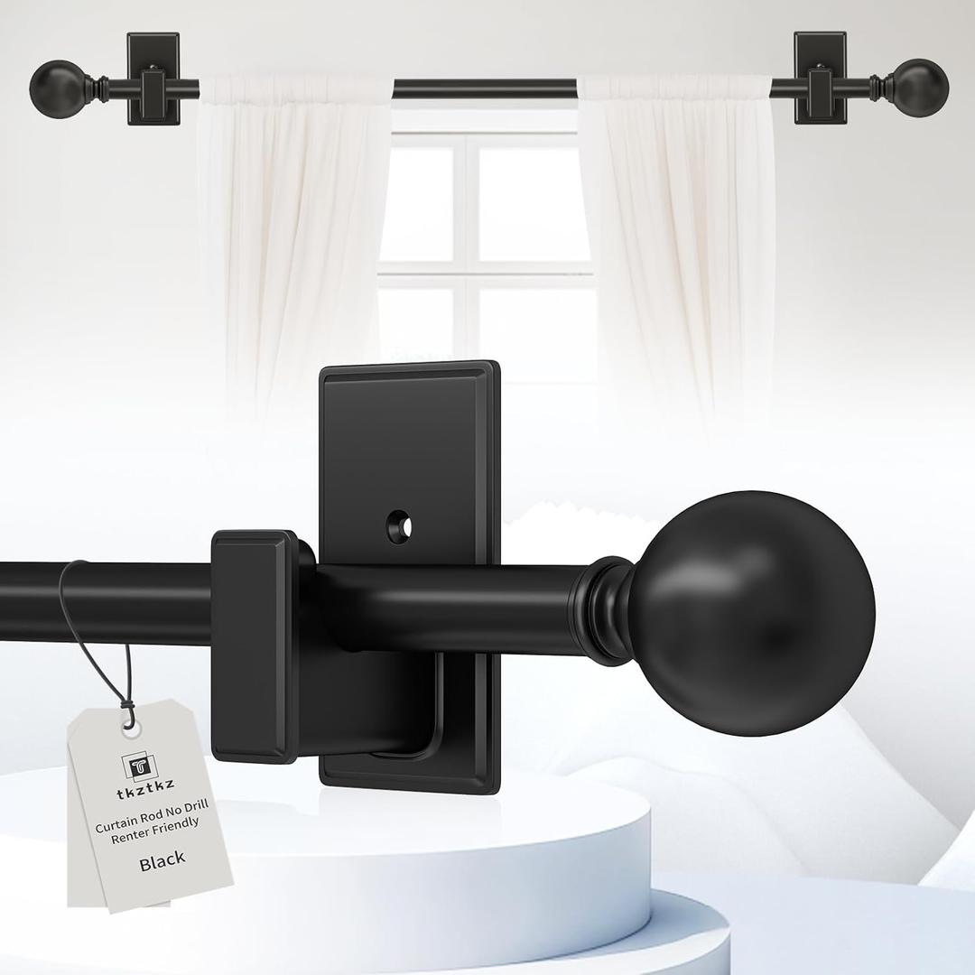 Black Curtain Rods No Drilling-Adjustable No Drill Curtain Rods for Windows 32-45 Inch with Adhesive Brackets for Bedroom Apartment Renter Friendly 5/8" Small Door Cafe Single Rod Easy Install