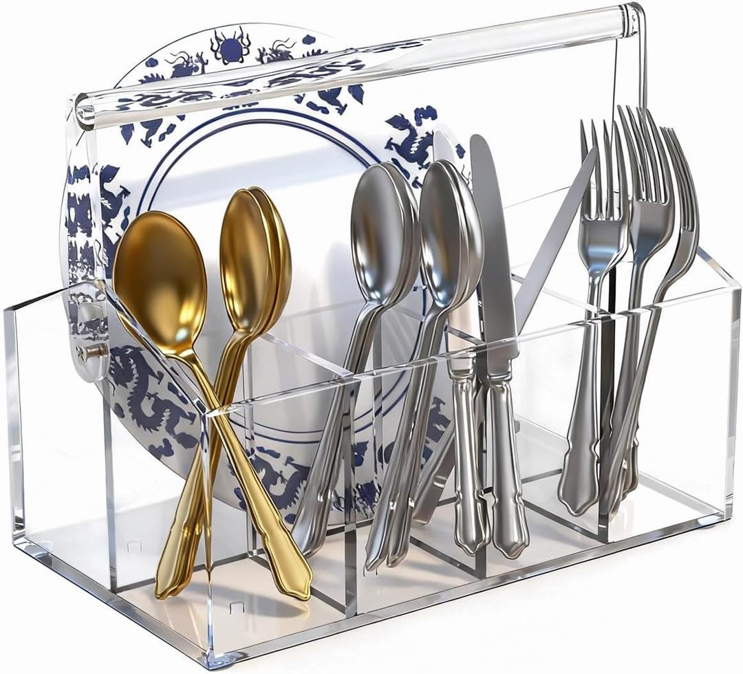 Silverware Organizer Party Utensil Holder, Acrylic Utensil Caddy | Countertop Cutlery Caddy for Knives, Forks, Spoons & Napkins | Space-Saver for Picnic, Buffet & Dining Organization
