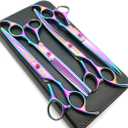 KINGSTAR 7.0in Titanium Rainbow Professional Pet Grooming Scissors Set,Straight & Thinning & Curved Scissors 4pcs Set for Dog Grooming,(Rainbow)