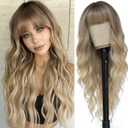 Ombre Blonde Wig with Bangs for Women Long Ombre Blonde Wavy Wigs 26 Inch Blonde Wigs Natural Looking Heat Resistant Synthetic Wig for Daily Party Use