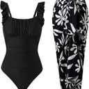 Women's Vintage One Piece Swimsuit with Skirt 2 Piece Bathing Suit Set with Cover Up Tummy Control Slimming Swimwear (Medium, Black)