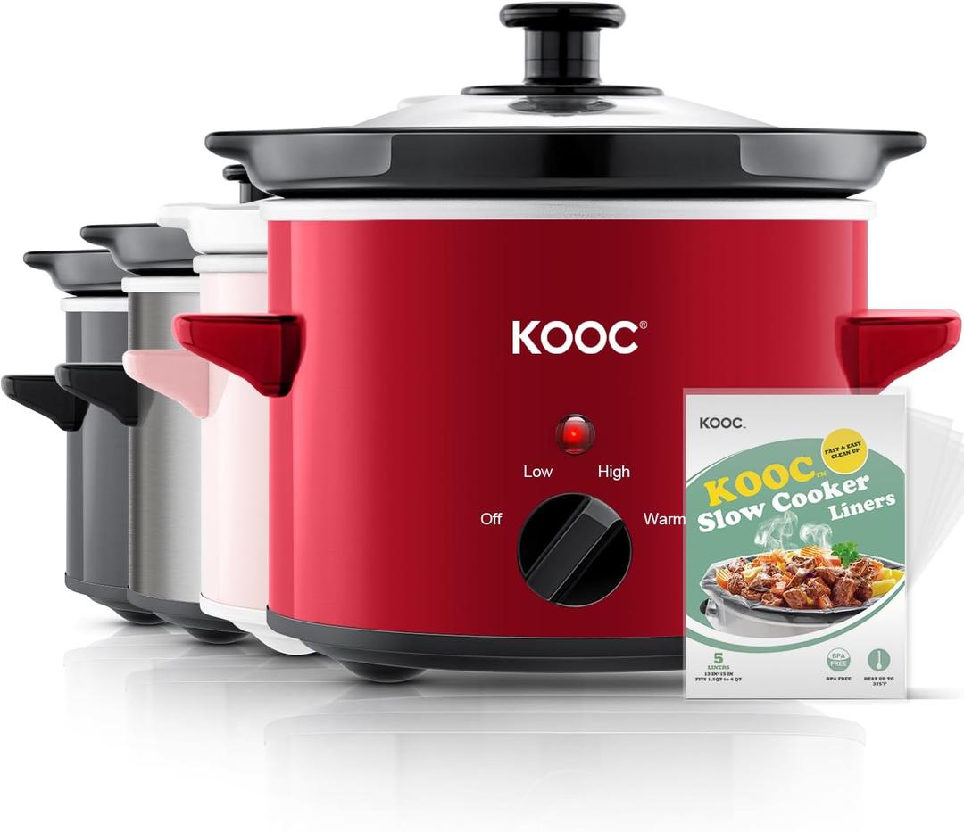 KOOC Small Slow Cooker, 2 Quart, Free Liners Included for Easy Clean-up, Upgraded Ceramic Pot, Adjustable Temp, Nutrient Loss Reduction, Stainless Steel, Red, Round (2 Quarts, Red)