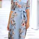 LOZ Womens Summer Dresses 2025 Blue Floral Puff Short Sleeve V-Neck Belt Midi Dress Fashion A-Line Wedding Guest Dresses (Blue, M)