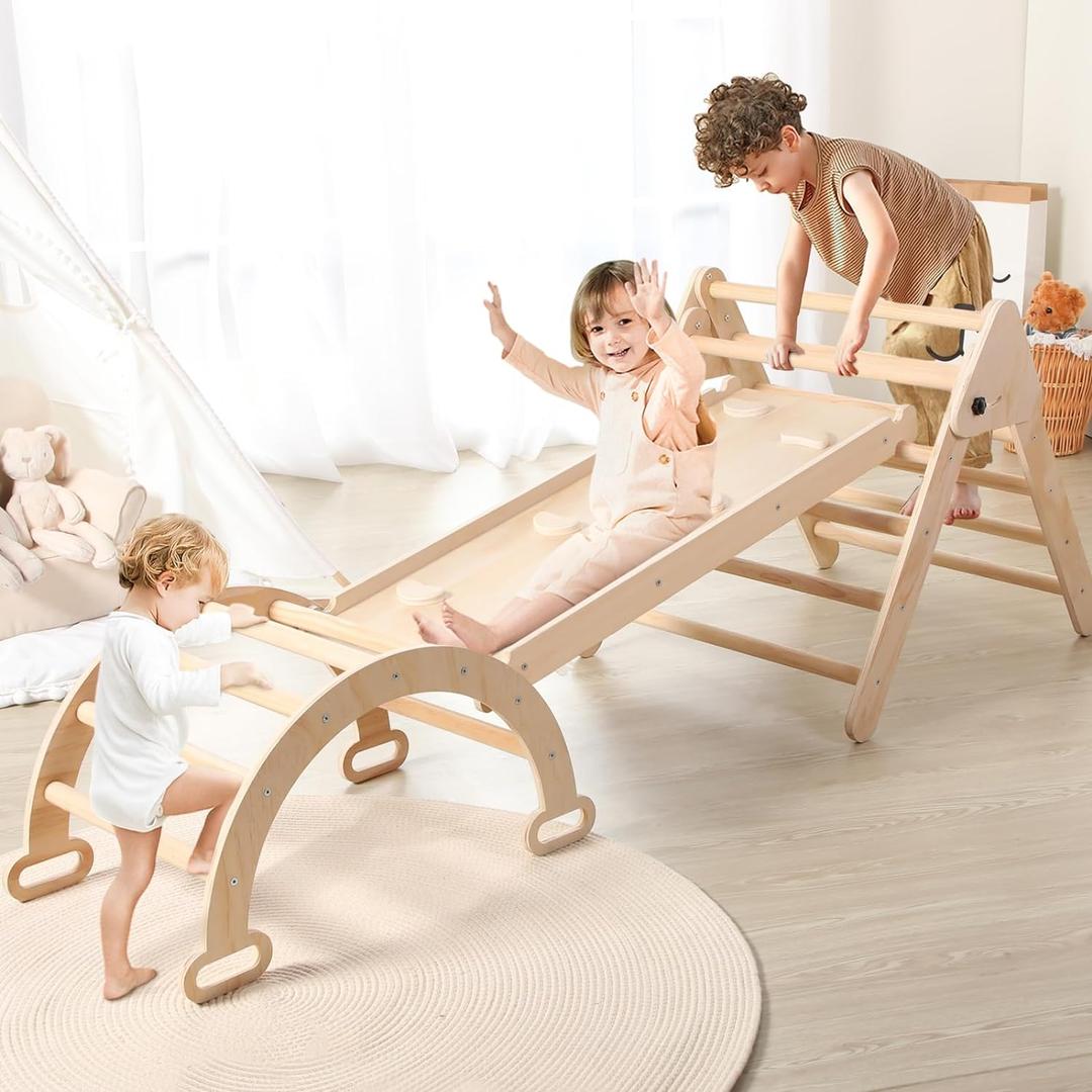 5 in 1 Wooden Climbing Toys for Toddlers - Foldable Climbing Triangle,Arch Climber, Climp Ramp - Montessori Toys for Babies Kids Climbing Toys Indoor & Outdoor - Girls & Boys Gift (Natural)