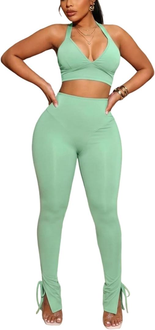 Women's 2 Piece Sexy Outfits Backless Halter Crop Top and Bodycon Pants Set (Green, XL)
