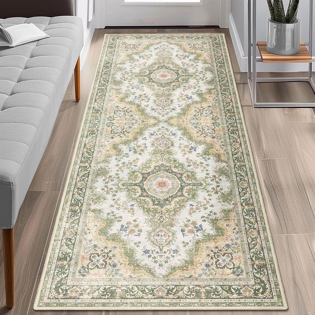 Washable Runner Rug 2'x6',Green Rug Runners Non Slip,Long Boho Rugs for Hallways Kitchen Bathroom Bedroom Entryway,Vintage Bohemian Distressed Floor Carpet,Sage Floral