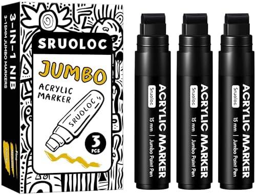 SRUOLOC 3 Jumbo Permanent Markers Black, 15mm Thick Wide Tip, Large Acrylic Paint Markers for Rock Painting, Poster, Stone, Ceramic, Glass, Wood, Canvas