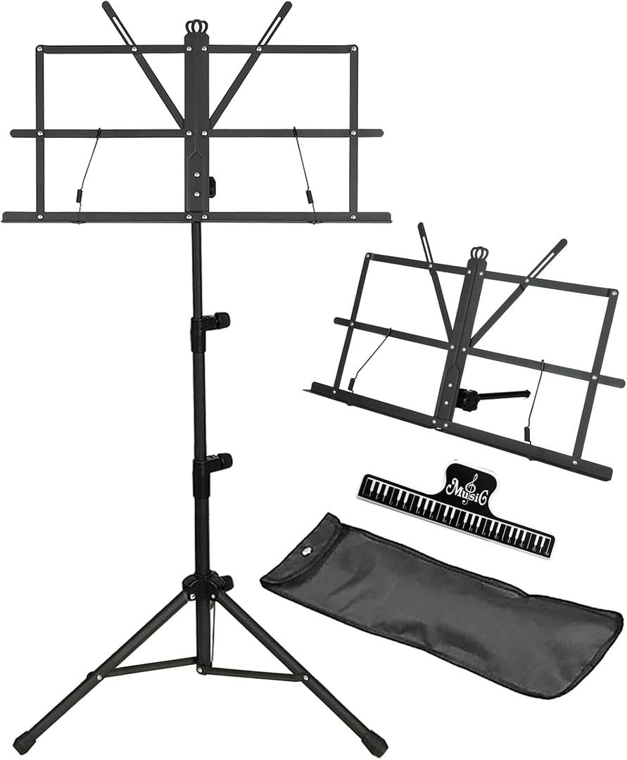 IRONTREE Music Stand - 2 in 1 Dual-Use Desktop Book Stand Folding Music Holder Portable and Lightweight with Music Sheet Clip Holder & Carrying Bag Suitable for Instrumental Performance (Black)