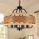 4-Light Farmhouse Boho Chandelier, 20" Wood Texture Woven Rattan Pendant Light, Adjustable Rustic Ceiling Fixture for Dining Room, Kitchen Island, Bedroom, Hallway, Office