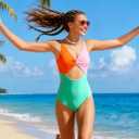 Funnycokid Girls One Piece Swimsuit Color Block Teen Bathing Suit with Pad Cover Up Skirt(7-16Y)