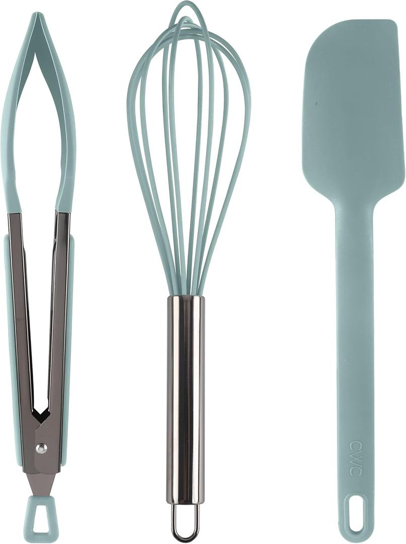 COOK WITH COLOR Stainless Steel Silicone Tipped Kitchen & BBQ Tongs Set, 3 Pc Utensils, Green (Mint)