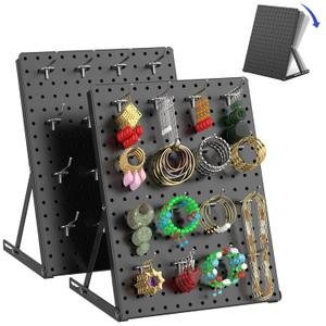 2 Pack Pegboard Display Stand, Sturdy Anti-tip Design,Small Peg Board Tabletop with 24 Hooks, Adjustable Metal Peg Board for Vendor Display, Craft Show, Jewelry Display 16''X12''  Black