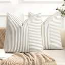 Farmhouse Pillow Covers 18x18, Modern Accent Square Throw Pillow Covers Set of 2, Gray and Beige Striped Patchwork Linen Decorative Pillows Cushion Covers for Couch Chair Bedroom Fall Decorations