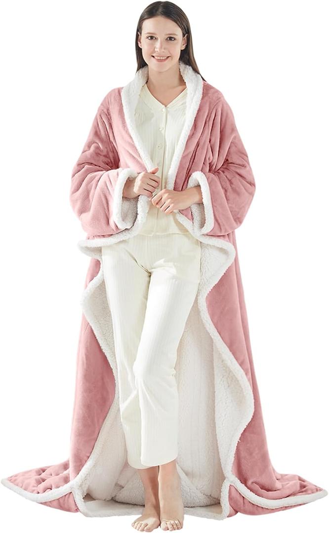 Sealy Electric Blanket Wearable with Foot Pocket, Electric Snuggle Blanket with Sleeves, Flannel & Sherpa Heating Throw with 6 Heat Settings & 2-10 Hours Auto Shut Off, 50 * 70"+18", Pink