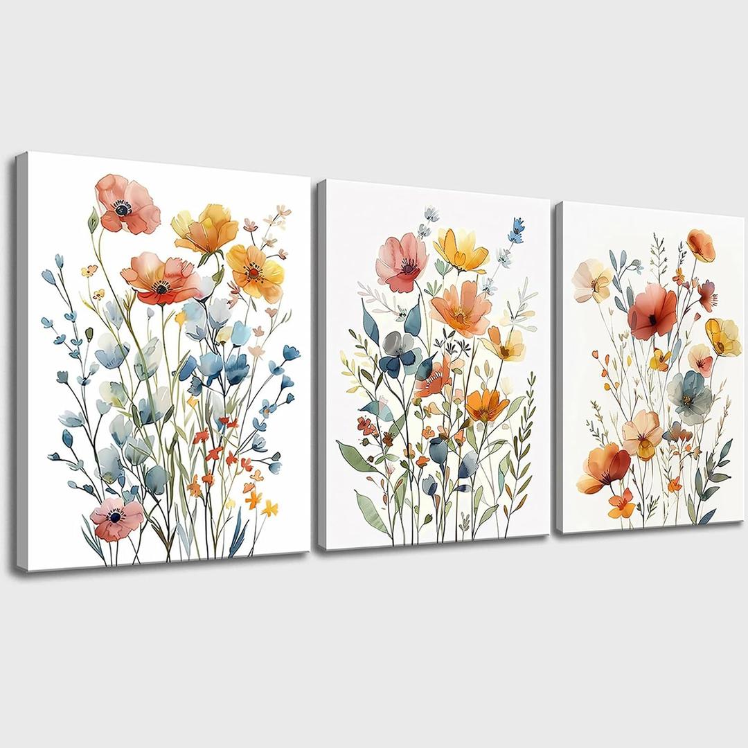 Watercolor Flowers Bathroom Canvas Wall Art, Colorful Wildflower Wall Decor Poster Prints Botanical Artwork for Living Room Bedroom Bathroom Farmhouse Decor 16x24x3pcs