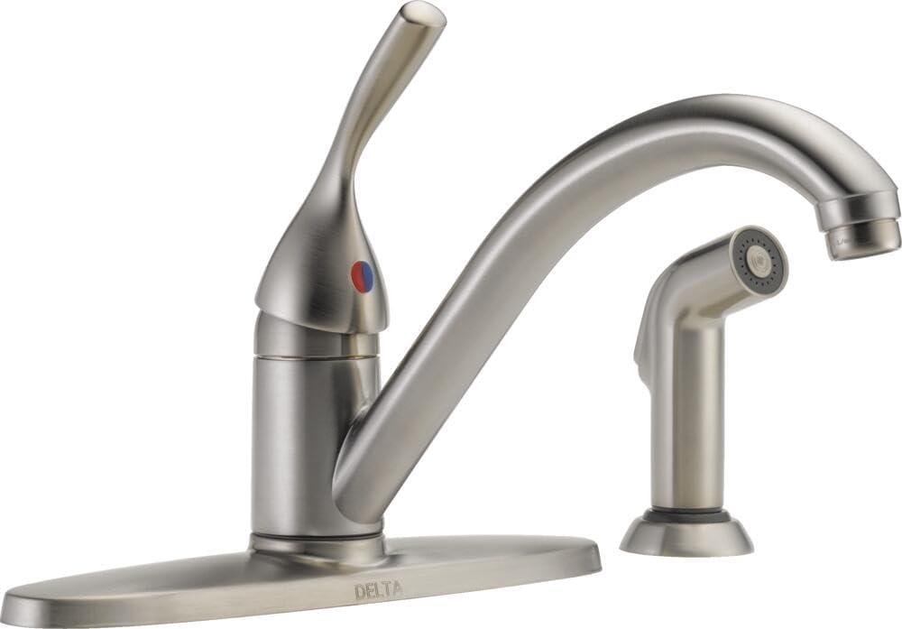 Delta Classic Brushed Nickel Kitchen Faucet with Side Sprayer, Contemporary 4 Hole Kitchen Sink Faucet, Single Handle, Stainless 400-SS-DST