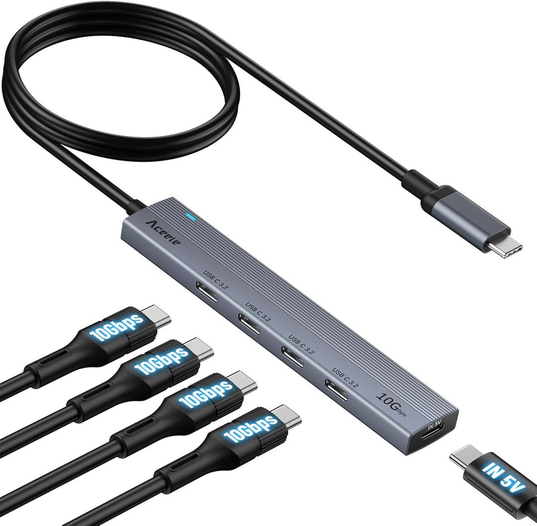 Aceele USB C Hub 10Gbps, 4 Port USB 3.2 Gen 2 Hub, USBC to USB-C Hub with Type-C Power Port, 2ft Extension Long Cable USBC Adapter Data Hub for MacBook Pro, MacBook, Samsung Chromebook, etc