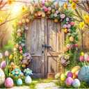 Easter Photo Backdrop Spring Backdrop Rustic Wooden Door with Colorful Easter Eggs Sunlit Spring Forest Background 10x7FT FW92
