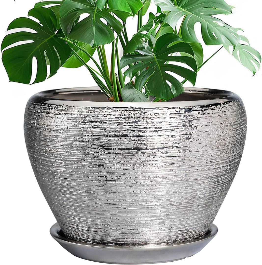 Flower Pot - 10 Inch Planter with Drainage Hole and Saucer - Indoor/Outdoor Decorative Mid-Century Planter - Silver