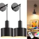 NIORSUN Battery Operated Wall Sconce Set of 2, Black Wireless Rechargeable Wall Lights with 5200mAh Dimmable Detachable Bulbs and Remote, 9 Colors Sconces Wall Decor for Bedroom Living Room Hallway