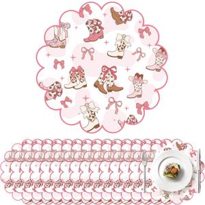 100 Pcs Cowgirl Party Paper Placemats 13.5 Inch Scalloped Pink Bow Paper Placemat Disposable Coquette Decorative Table Mat for Western Themed Birthday Bachelor Baby Shower Wedding Decoration