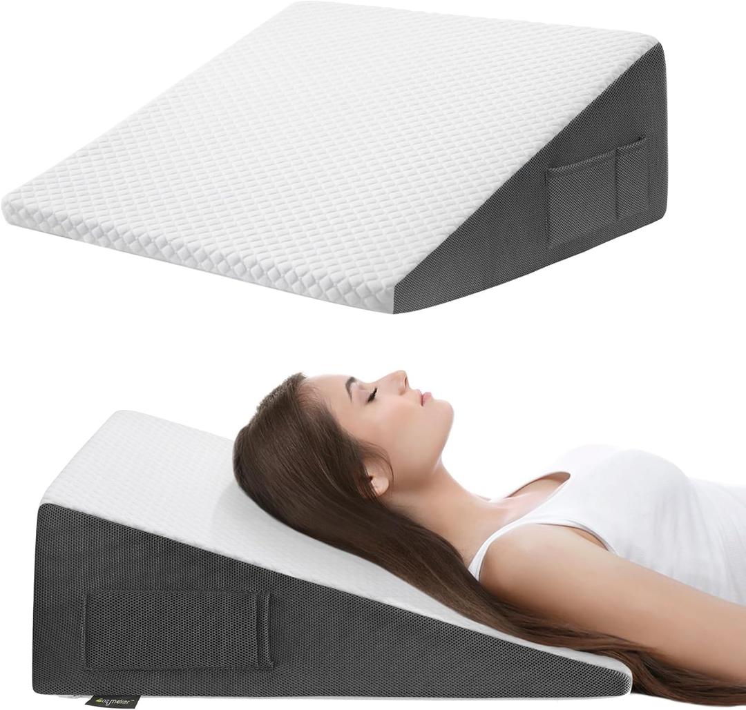 Cozymaker 10" Bed Wedge Pillow for Sleeping After Surgery, Back Support, Leg Elevation, Gerd Acid Reflux, Neck Pain, Snoring, Cooling Memory Foam Triangle Incline Wedge (White-grey)