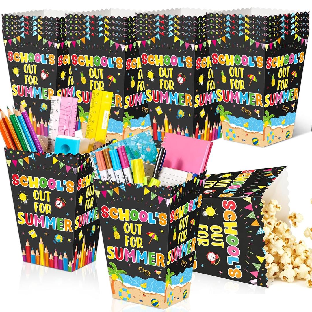 18Pcs School's Out for Summer Gift Boxes End of School Year Paper Gifts Popcorn Buckets Gift Treat Candy Box School's Out Themed Party Favors Box for Classroom Summer Vacation Party Celebration Decor