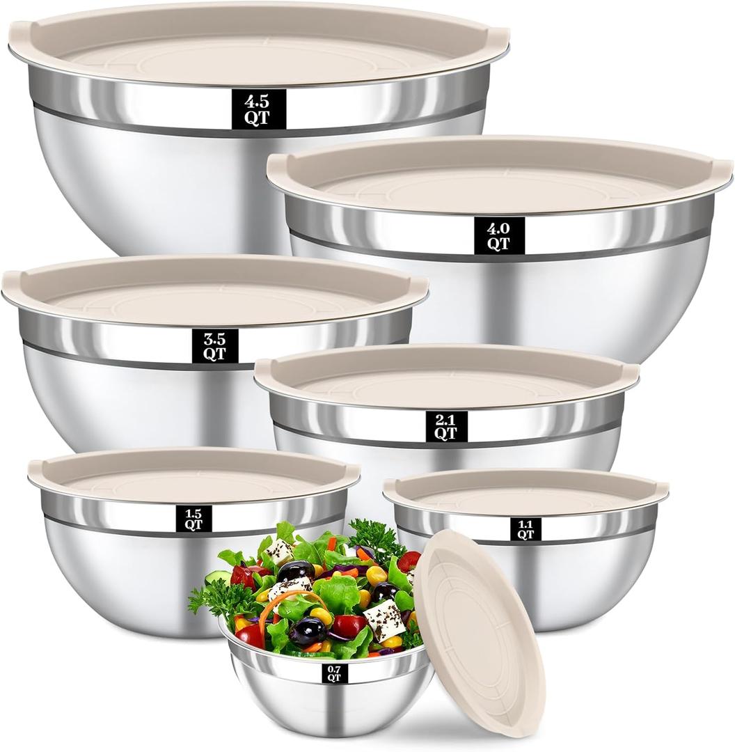 Mixing Bowls with Lids Set - 7PCS Nesting Mixing Bowls, Lids, Stainless Steel Mixing Bowls for Mixing, Baking & Meal Prep, Dishwasher Safe, Size 0.7/1.1/1.5/2.1/3.5/4/4.5 QT, Khaki