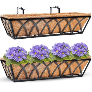 HFHOME 24 inch 2 Pack Railing Planter Boxes, Heavy Duty Window Box Planters, Adjustable Balcony Planters for Railing Hanging, with Coco Liner & Support Rod for Deck, Porch, and Patio Gardening